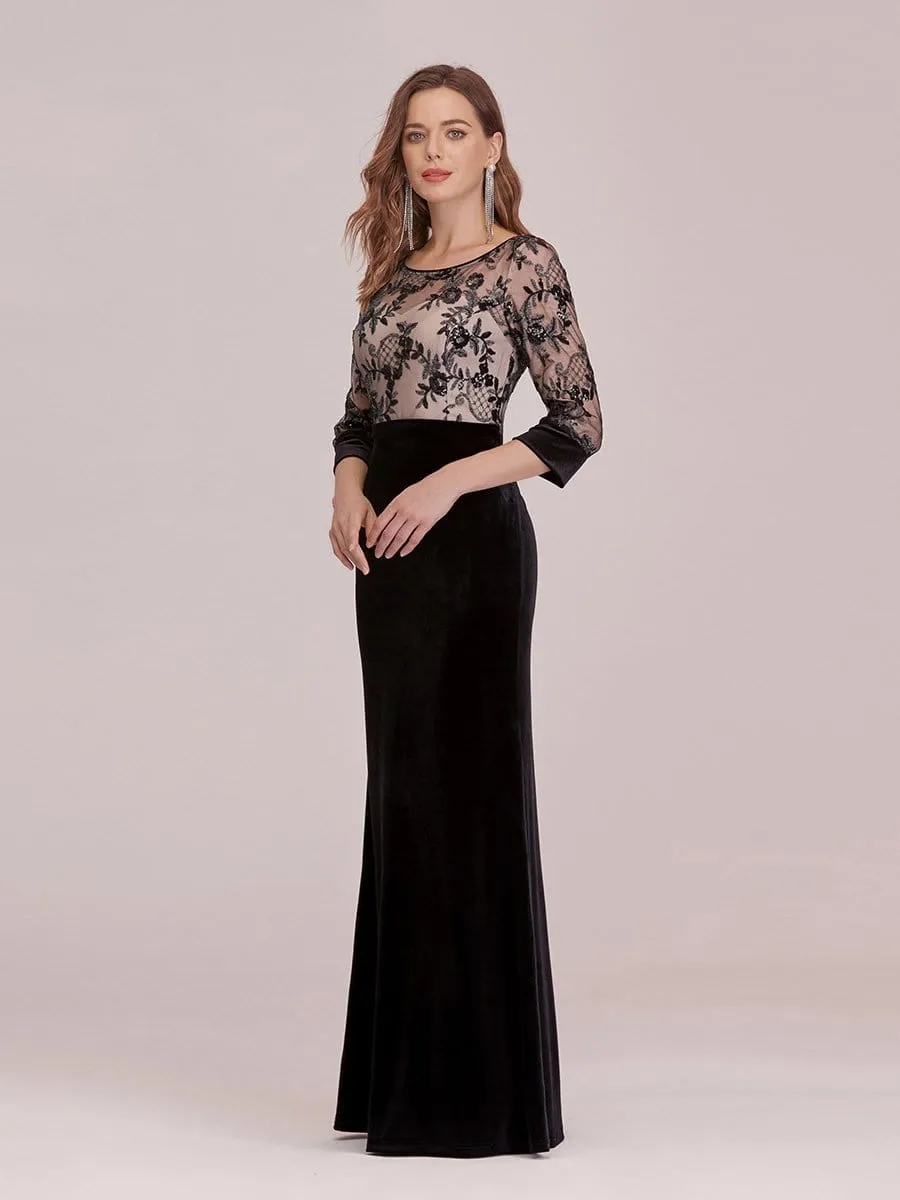 Sexy High Waist Velvet Straight Evening Dress with Lace Bodice