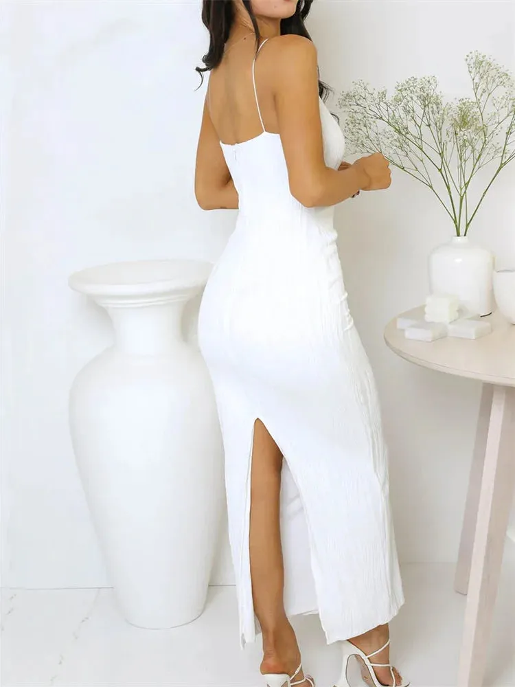 Sexy Women Long Ruched Sleeveless Slim Solid Summer Party Back Split Clubwear Maxi Dress