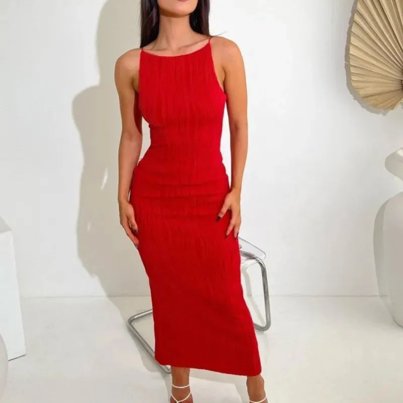 Sexy Women Long Ruched Sleeveless Slim Solid Summer Party Back Split Clubwear Maxi Dress