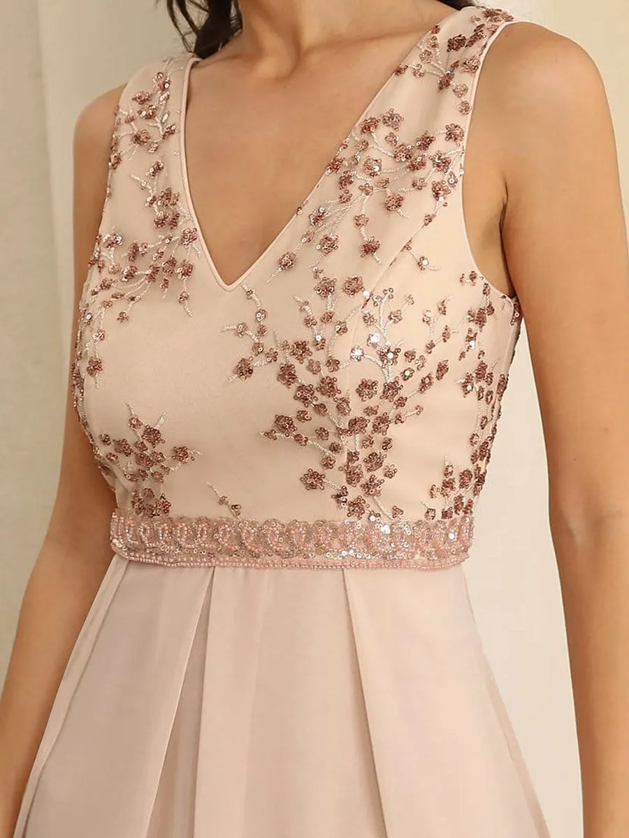 Sleeveless V-Neck Sequin Cherry Blossom High-Low Evening Dress