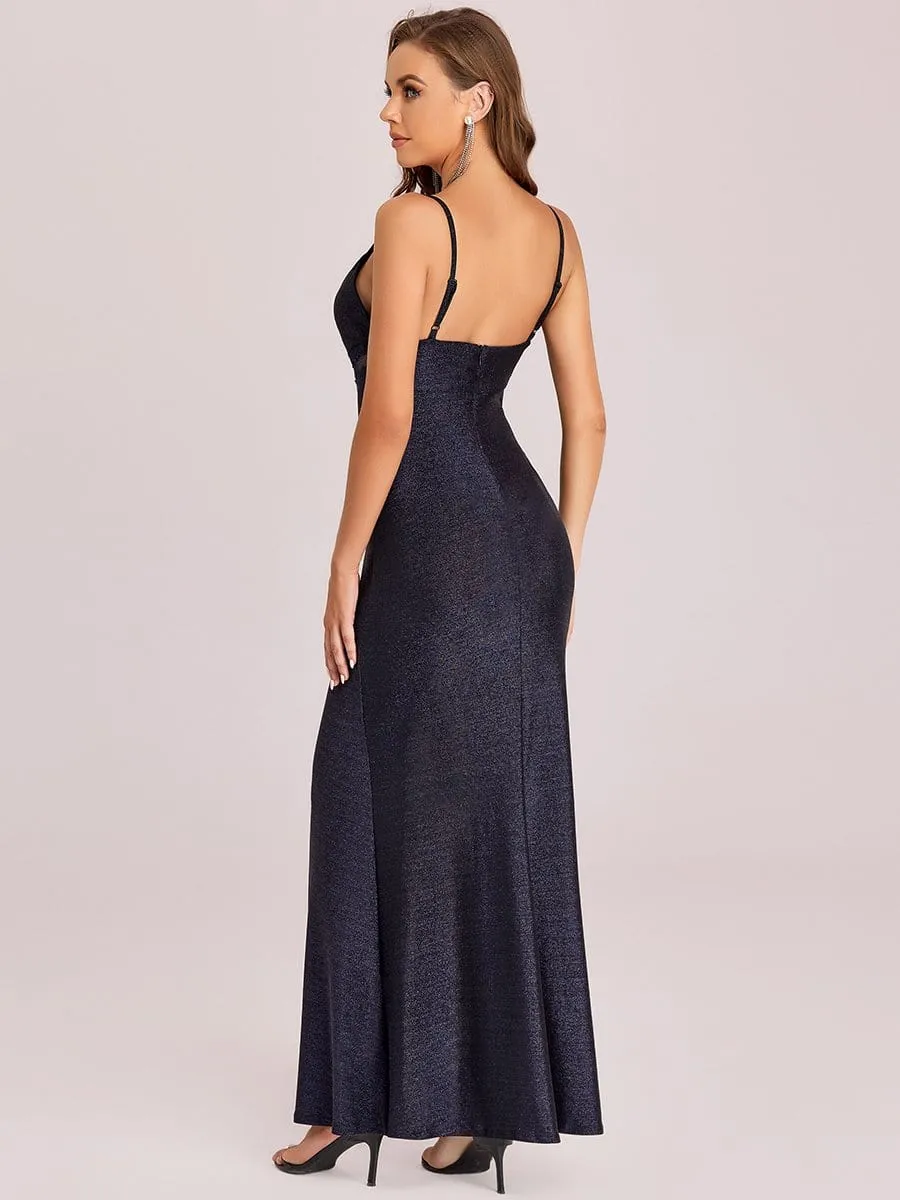 Spaghetti Strap V-Neck High Slit Mesh Panel Evening Dress