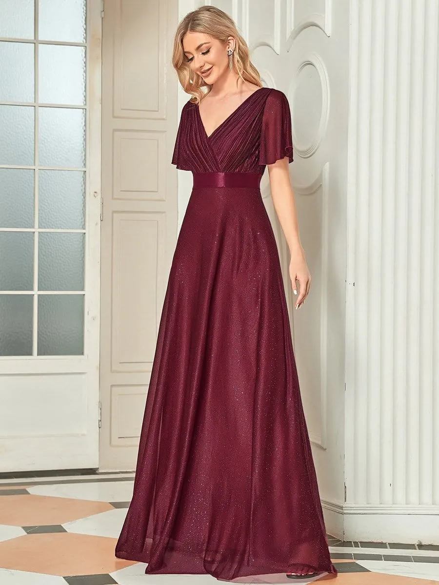 Sparkling Short Sleeve V-Neck Ribbon Waist A-Line Evening Dress