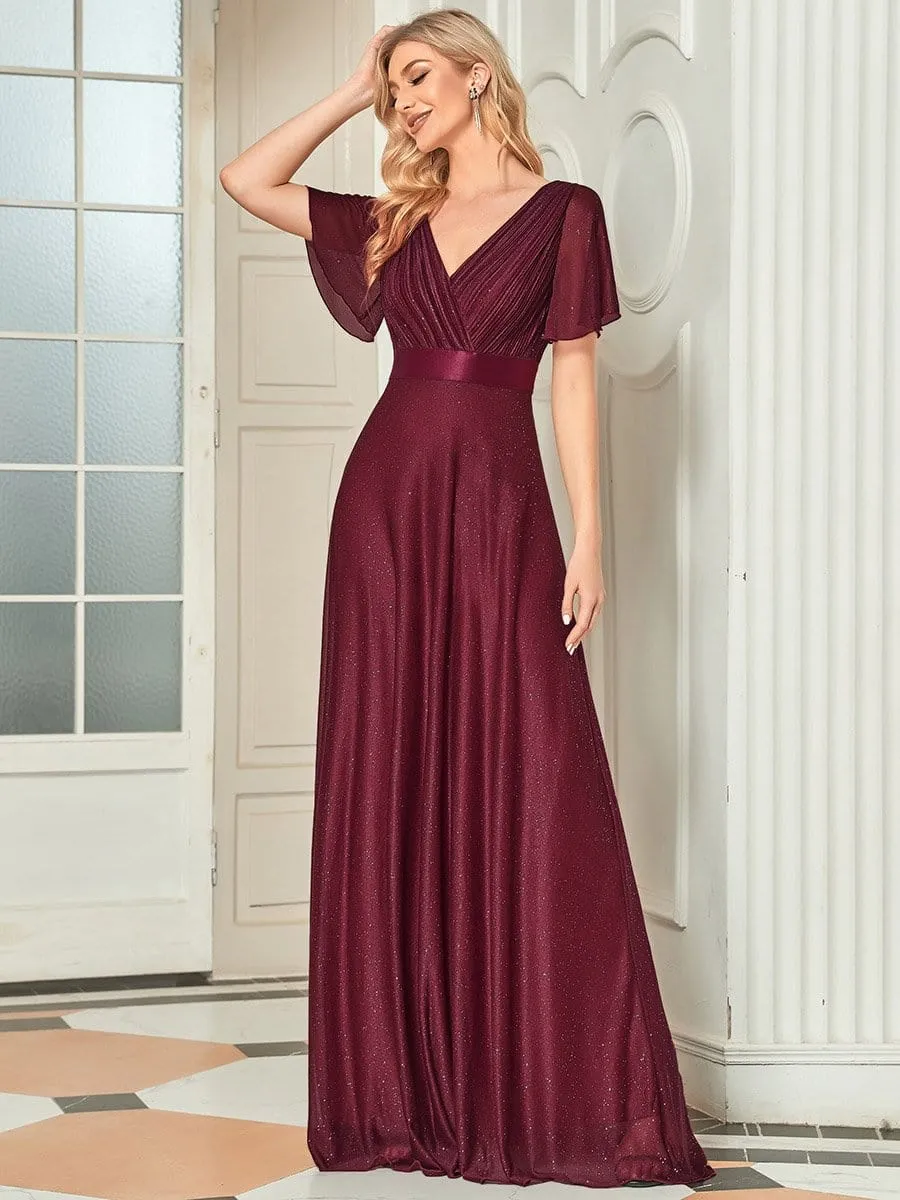 Sparkling Short Sleeve V-Neck Ribbon Waist A-Line Evening Dress