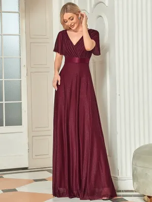 Sparkling Short Sleeve V-Neck Ribbon Waist A-Line Evening Dress