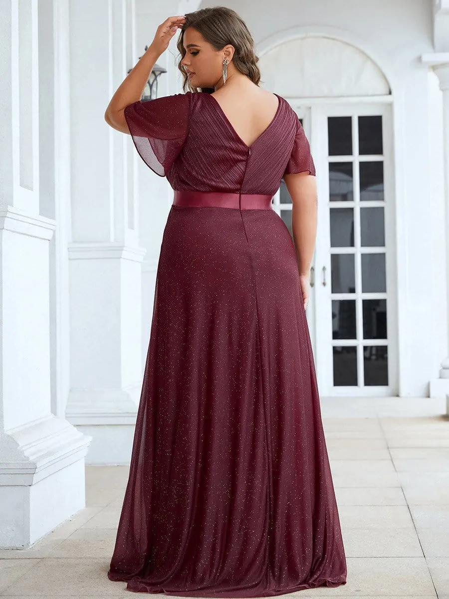 Sparkling Short Sleeve V-Neck Ribbon Waist A-Line Evening Dress