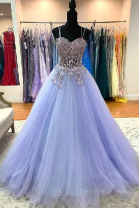 Sweetheart Neck Purple Tulle Long Prom Dress with Lace Appliques Purple Lace Formal Graduation Evening Dress