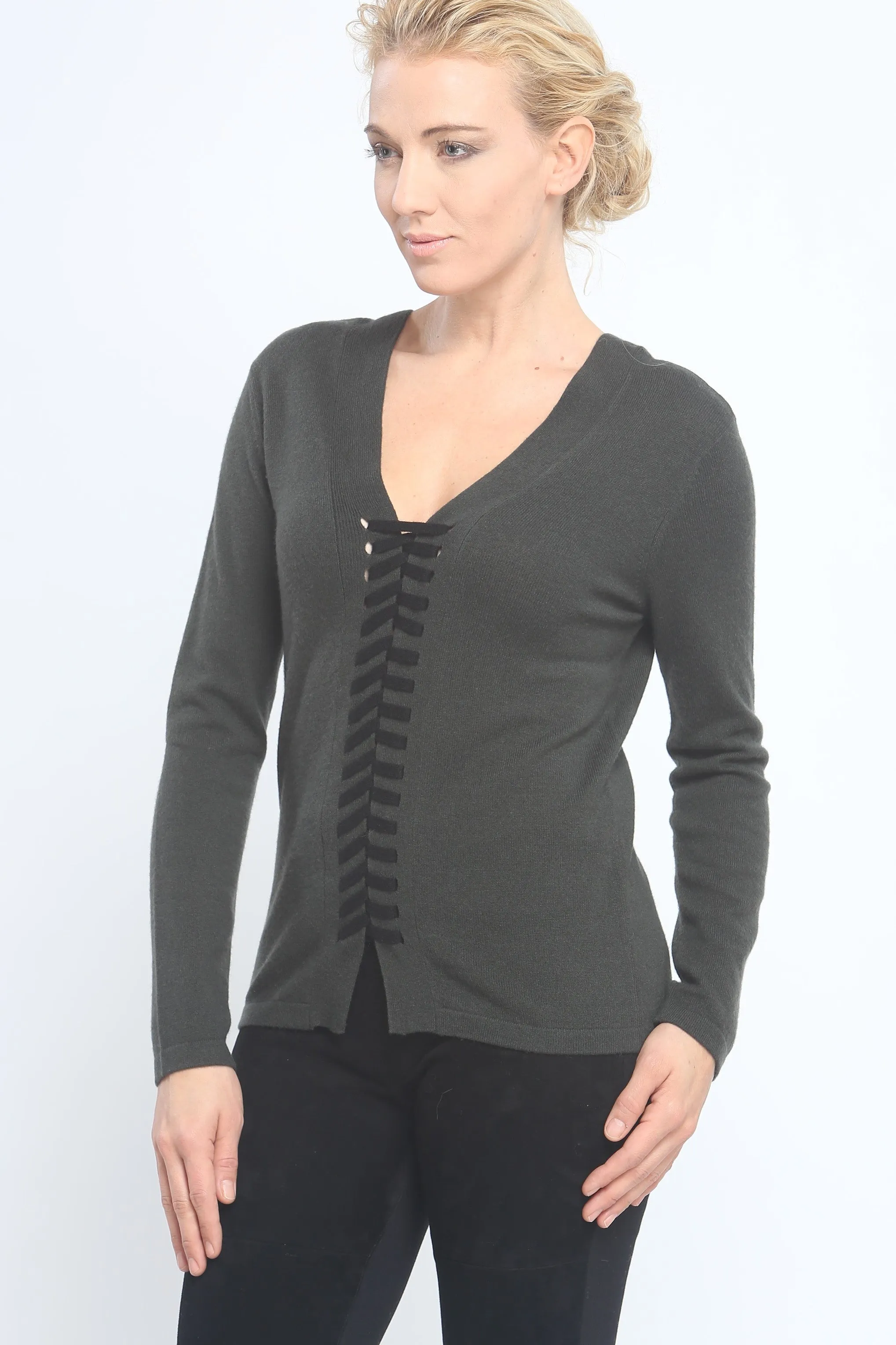 Two-Way Lace Up Detailed V Neck Pullover in Cashmere