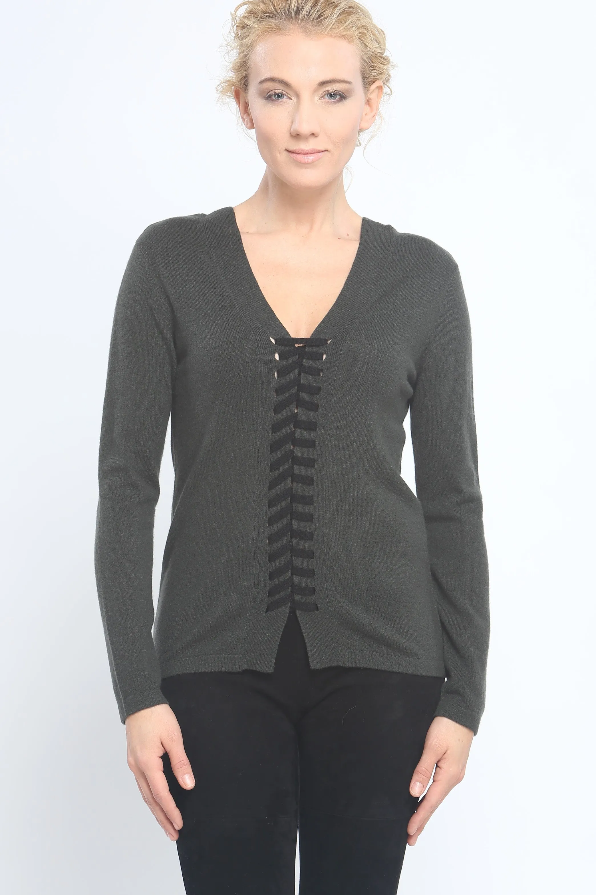 Two-Way Lace Up Detailed V Neck Pullover in Cashmere